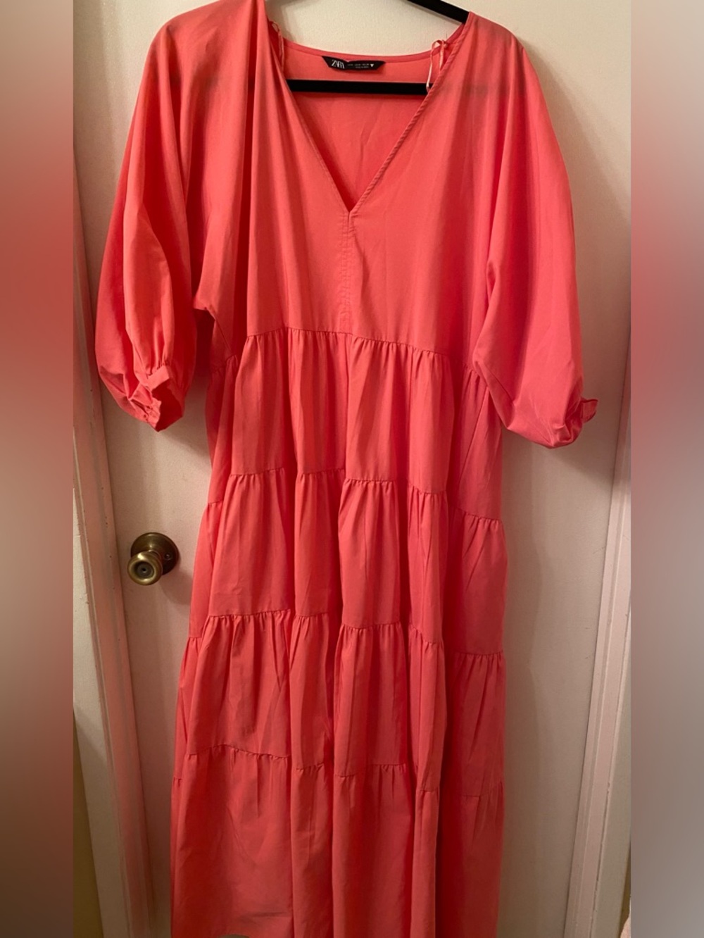 Zara Coral Tiered V-Neck Midi Dress